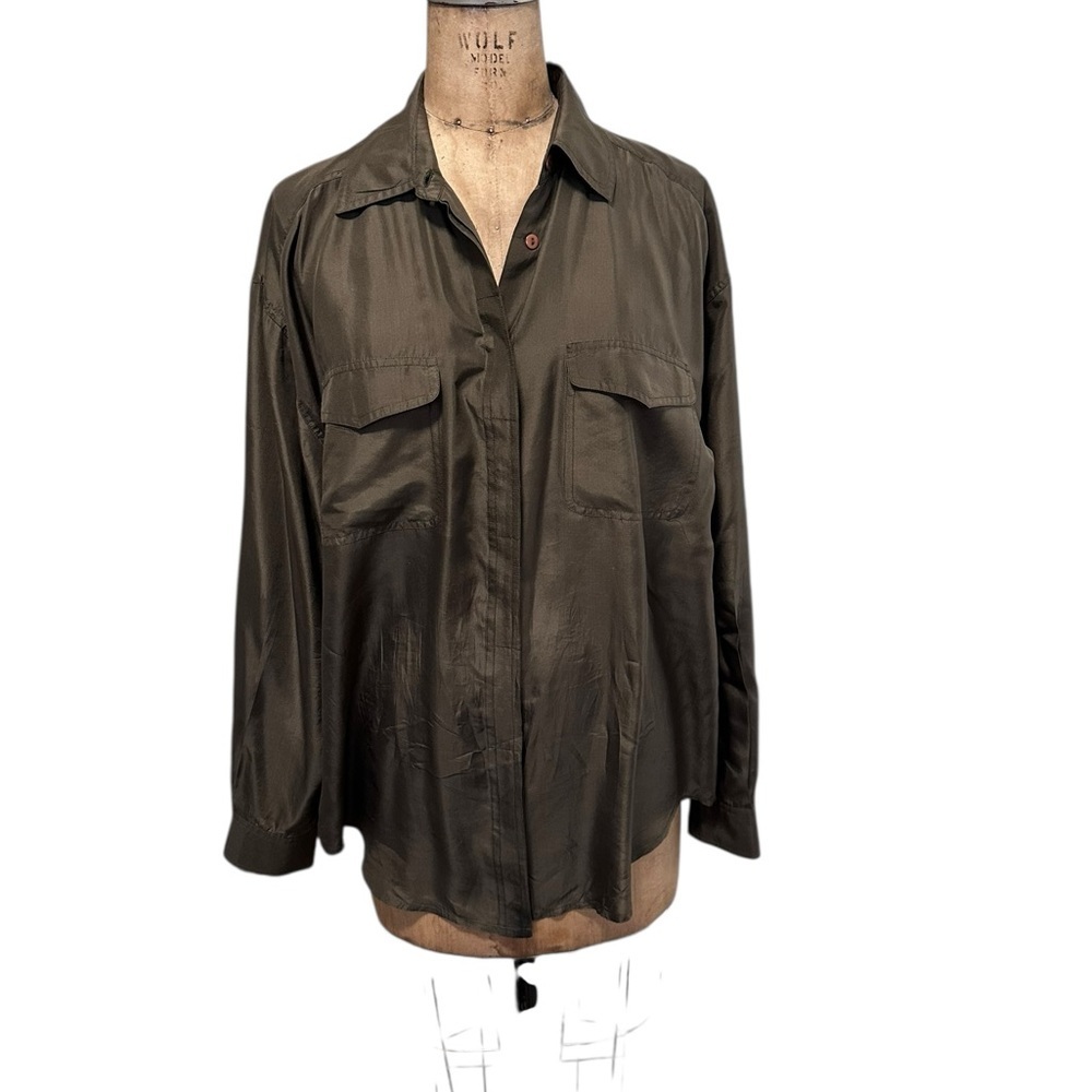 Diane Gilman Olive Green Silk Button Up Blouse Size L Minimalist Career Office